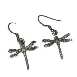 VTG Sterling Silver Dragonfly Insect Dangle Earrings Shepherds Hook Posts 1.4”